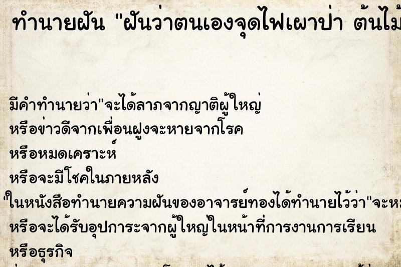 ทำนายฝัน ฝันว่าตนเองจุดไฟเผาป่า ต้นไม้ ทำนายฝัน ฝันว่าตนเองจุดไฟเผาป่า ต้นไม้